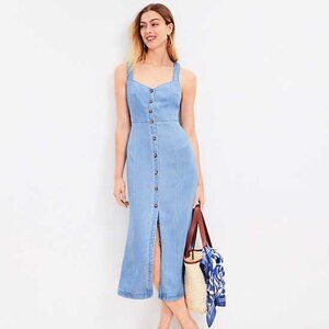 LOFT Chambray Crossover Back Button Midi Dress NWT